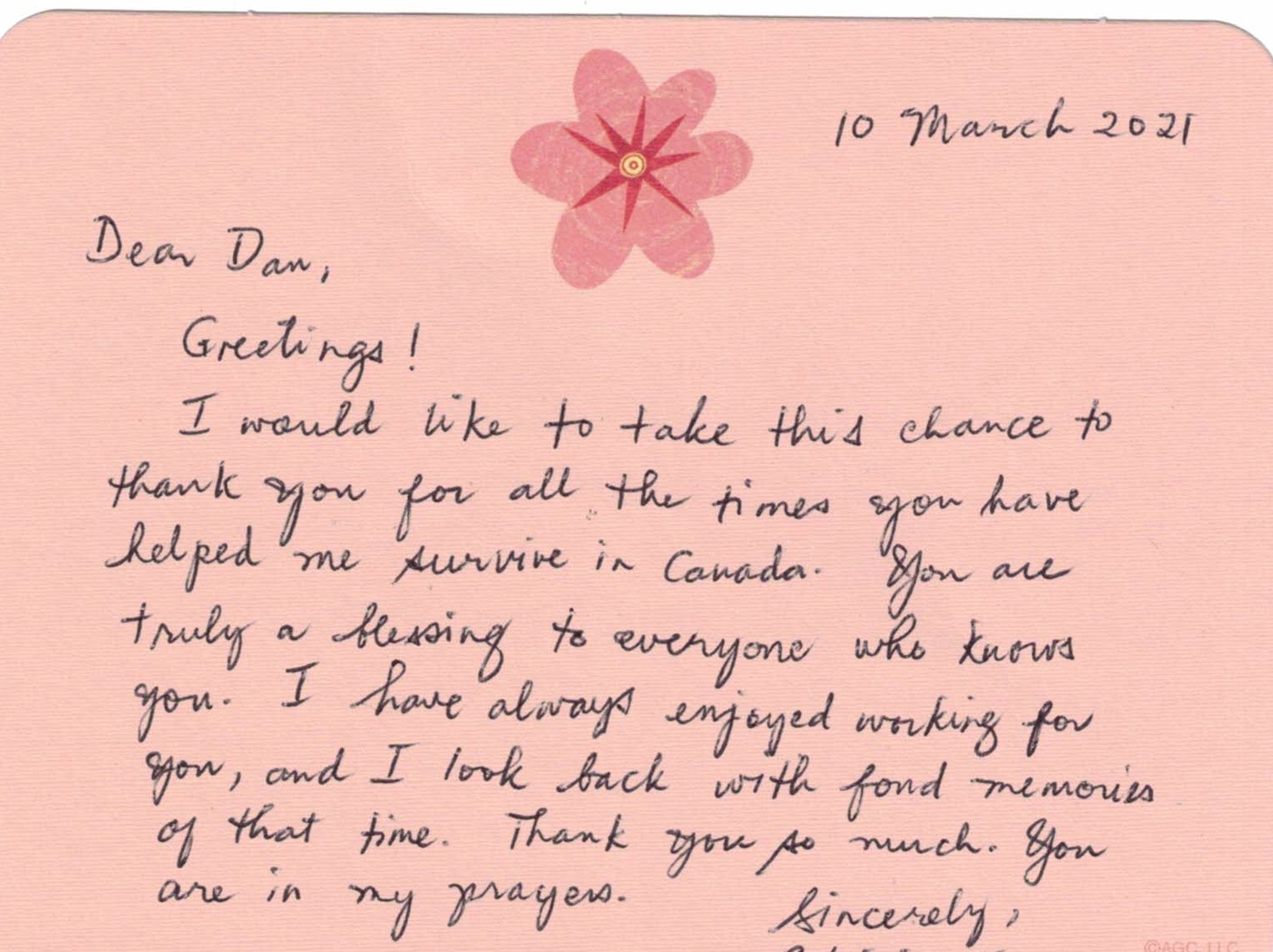 Handwritten note from Gloria