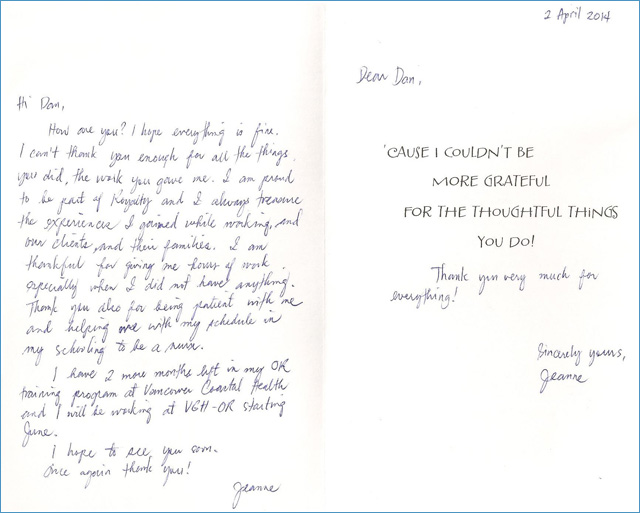 Handwritten note from Jeanne