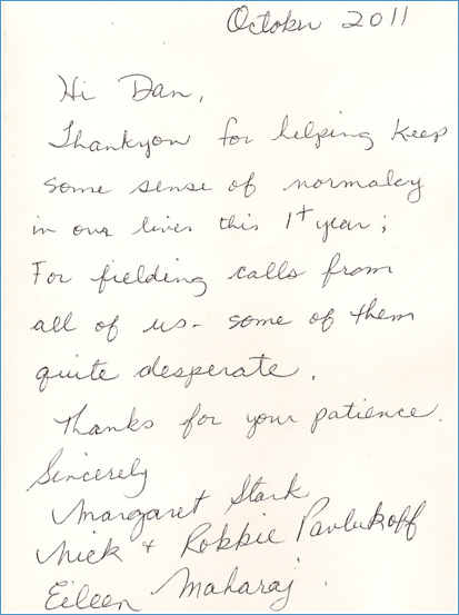 Handwritten note from Margaret, Nick, Robbie & Eileen