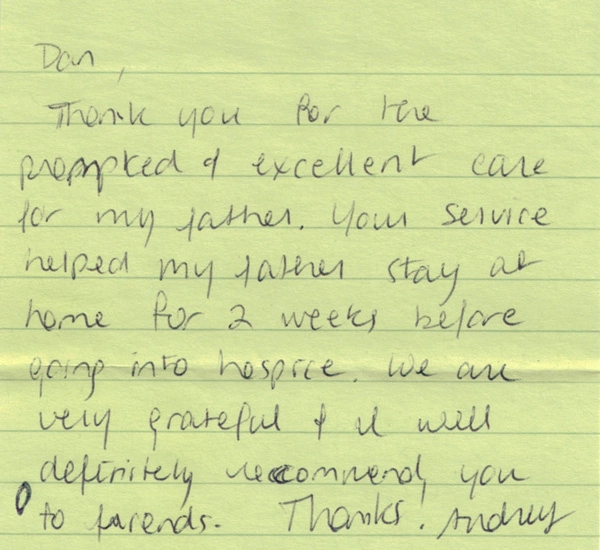 Handwritten note from Andrew