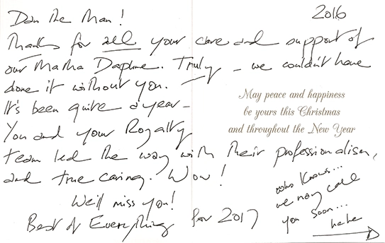 Handwritten note from Daphne's Family