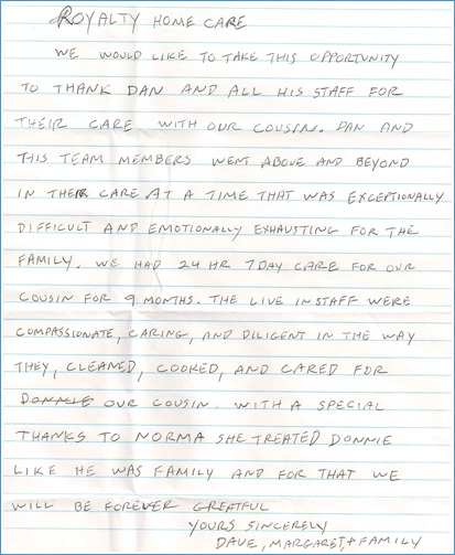 Handwritten note from Dave, Margaret & Family