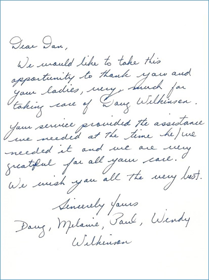 Handwritten note from Doug, Melanie, Paul & Wendy