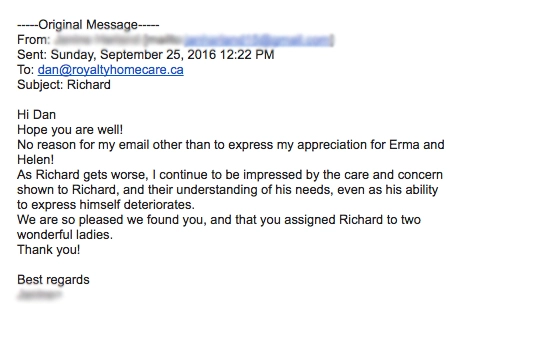 Handwritten note from Richard's Family