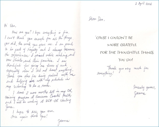 Handwritten note from Jeanne