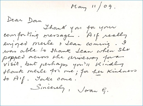 Handwritten note from Joan