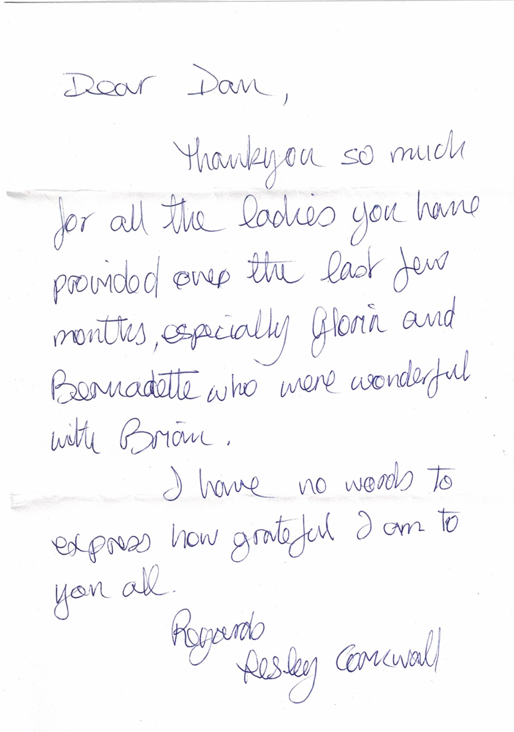 Handwritten note from Lesley