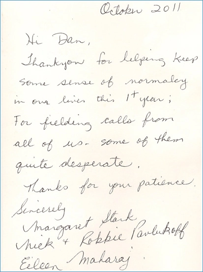 Handwritten note from Margaret, Nick, Robbie & Eileen