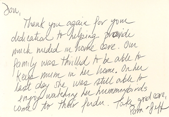 Handwritten note from Pam & Alf