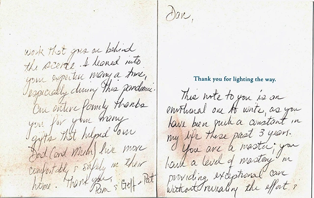 Handwritten note from Ron & Gigi + Pat