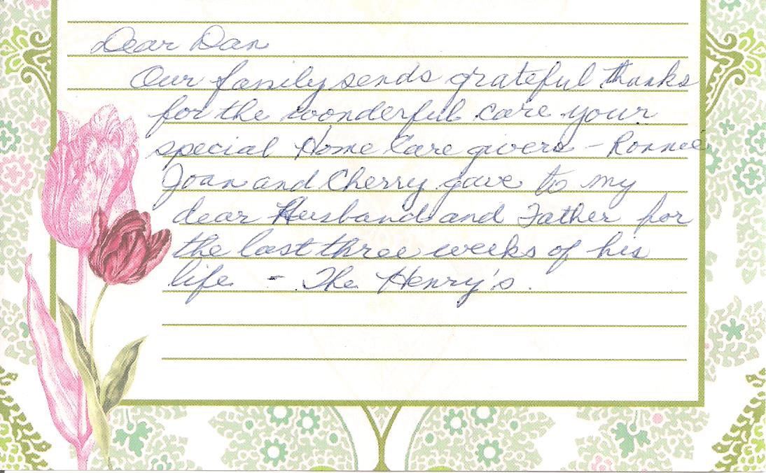 Handwritten note from The Henry's